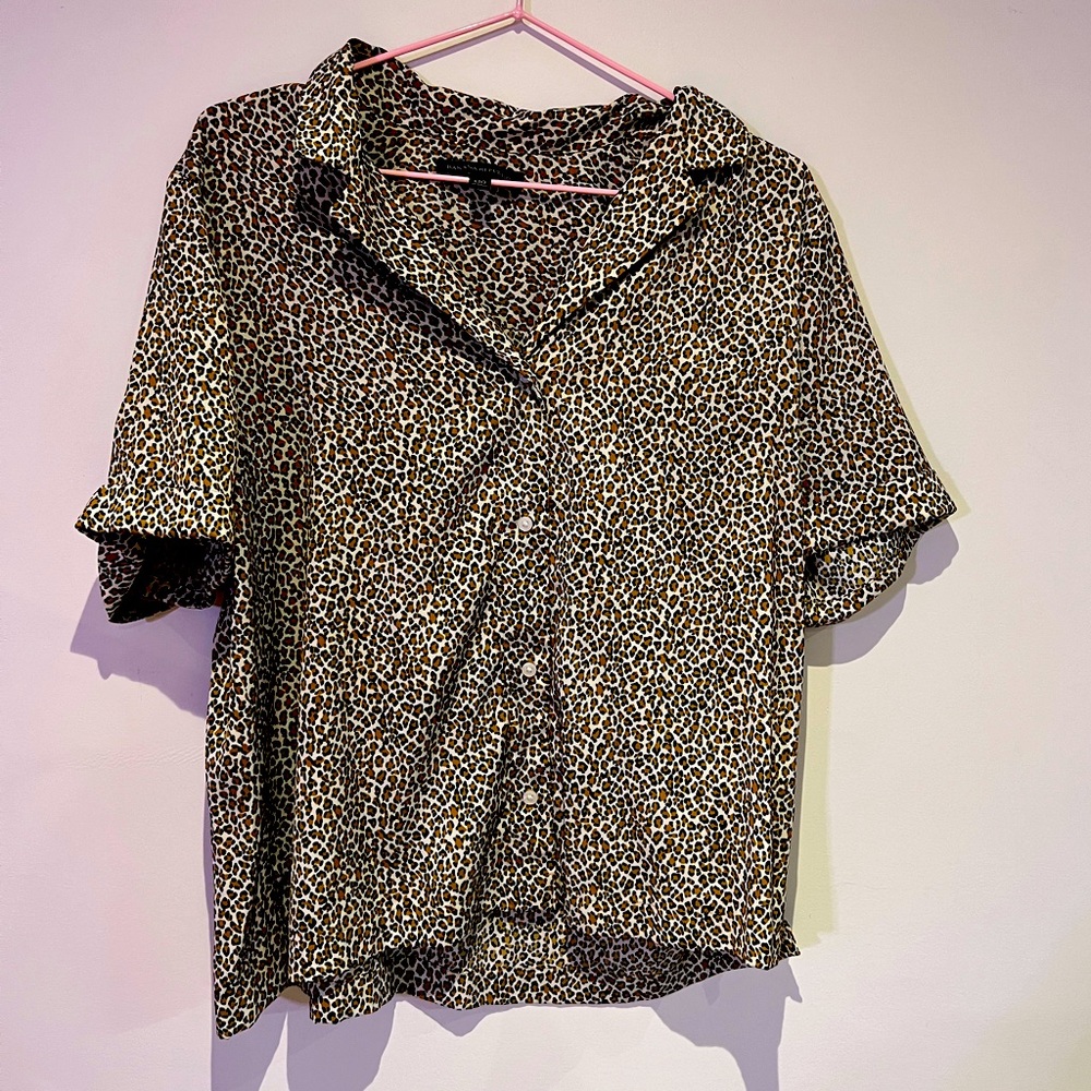 Satin leopard print button down